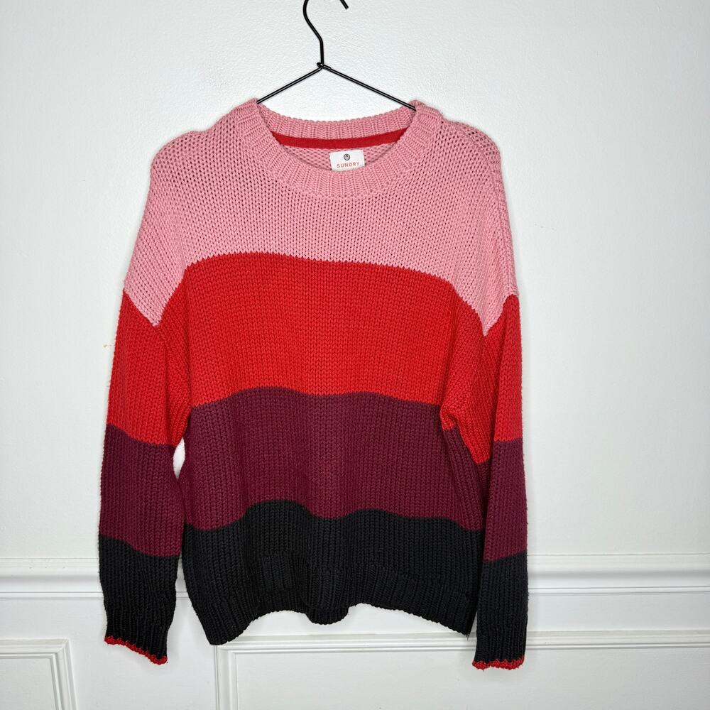 Sundry Scarlett Multi Stripe Red Pink Wool Blend Crew Sweater 2/Medium